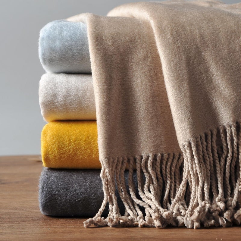 EP Mode Fringed Mulberry Silk Throw Blanket for Sofa (Rugby Tan) - Image 1